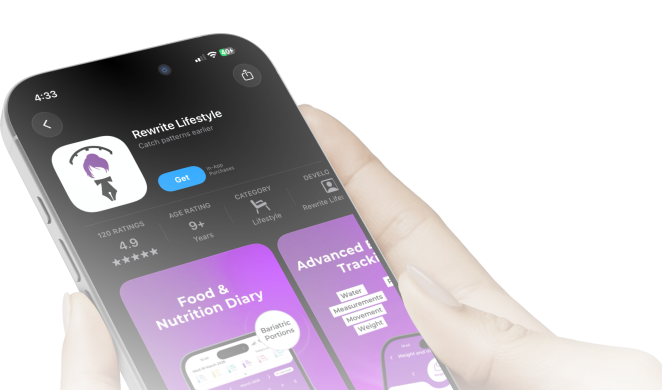 Rewrite Lifestyle app listing on the App Store, held in hand