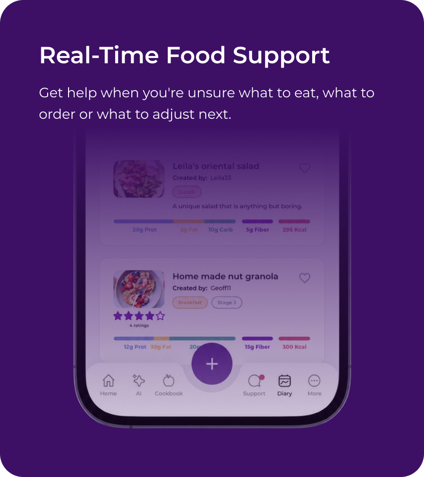 Real-Time Food Support. Get help when you're unsure what to eat, what to order or what to adjust next.
