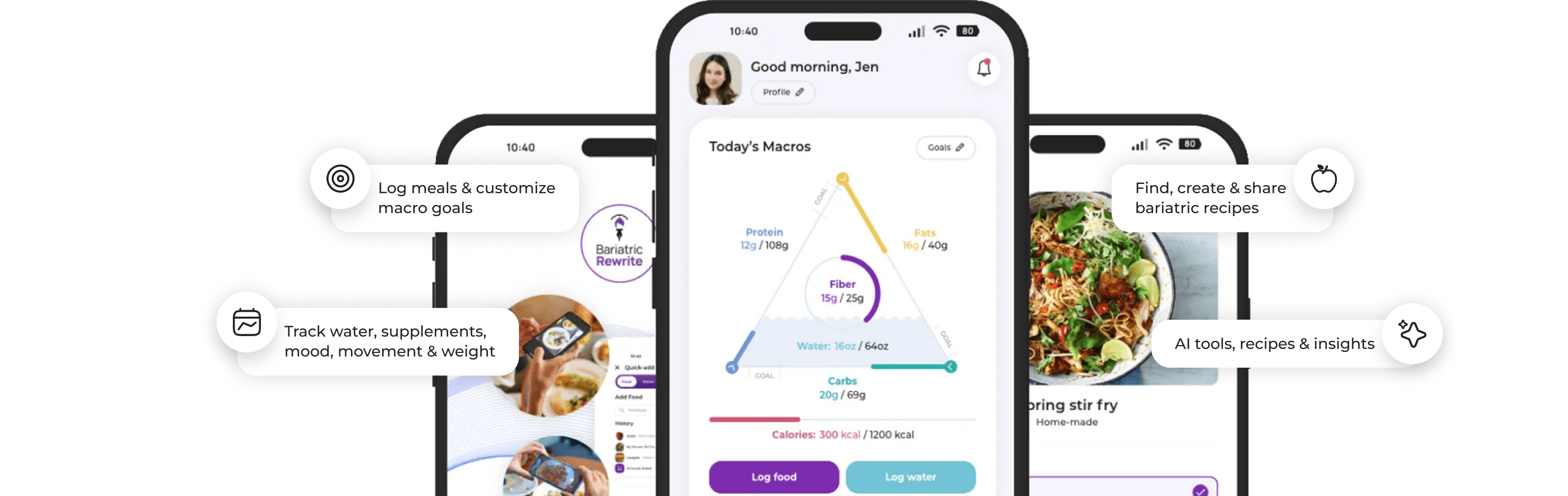 Rewrite app screens showing today's macros, a recipe feed and meal logging, with callouts for logging meals and macro goals, tracking water, supplements, mood, movement and weight, finding and sharing bariatric recipes, and AI tools, recipes and insights