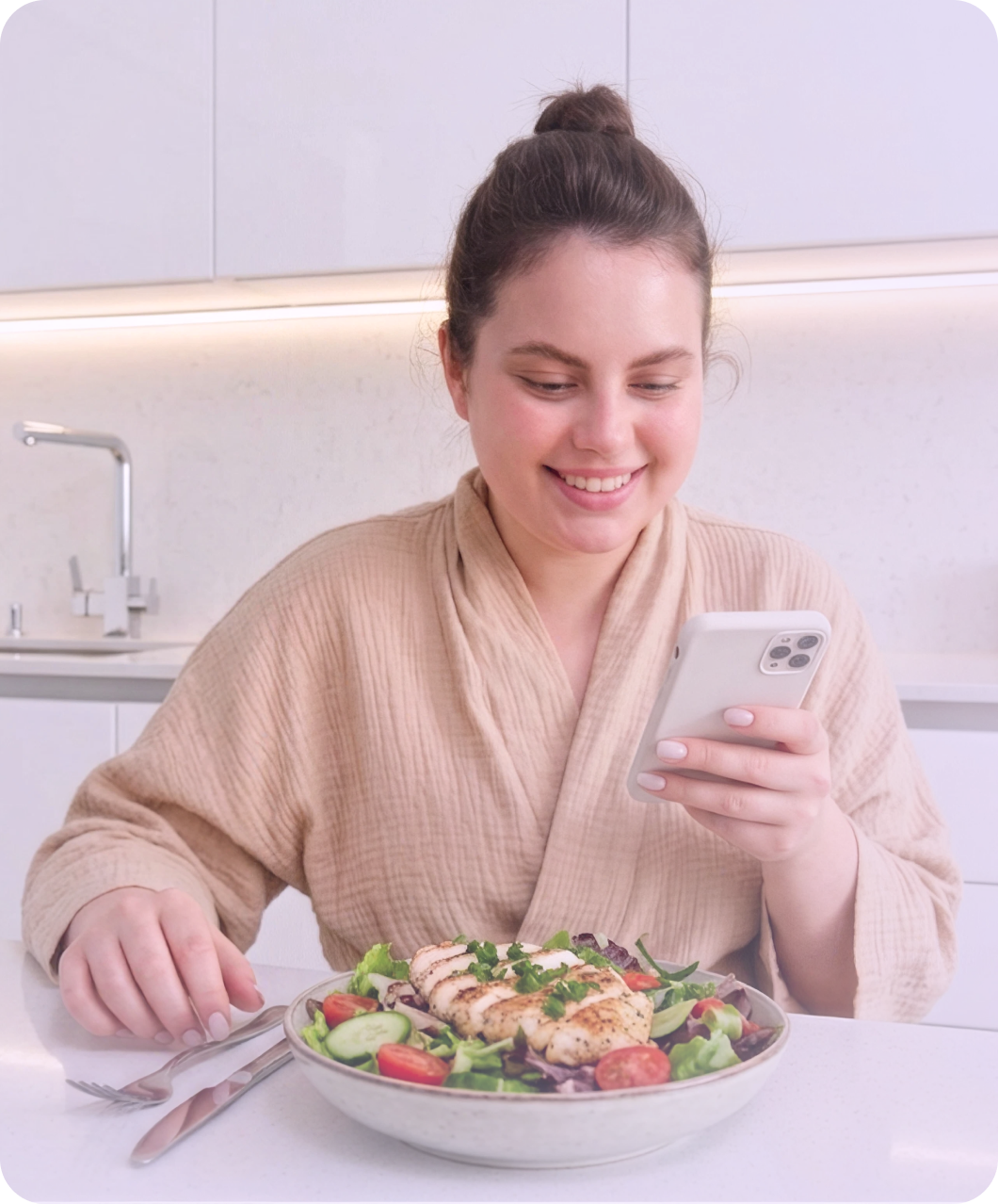 Woman checking the Rewrite app on her phone while eating a chicken salad bowl