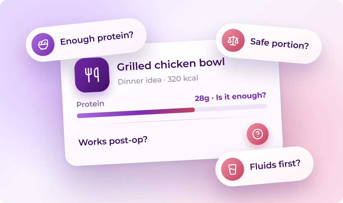 Grilled chicken bowl card asking "Enough protein?", "Safe portion?", "Works post-op?" and "Fluids first?"